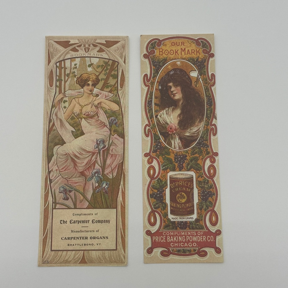 2 Vintage Advertising Bookmarks Carpenter Organs Price Baking Powder Victorian